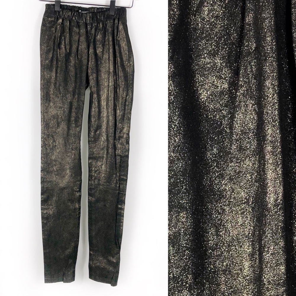 Monika Chiang Skinny Leather Pants Black w Gold Elastic Waist Pull On